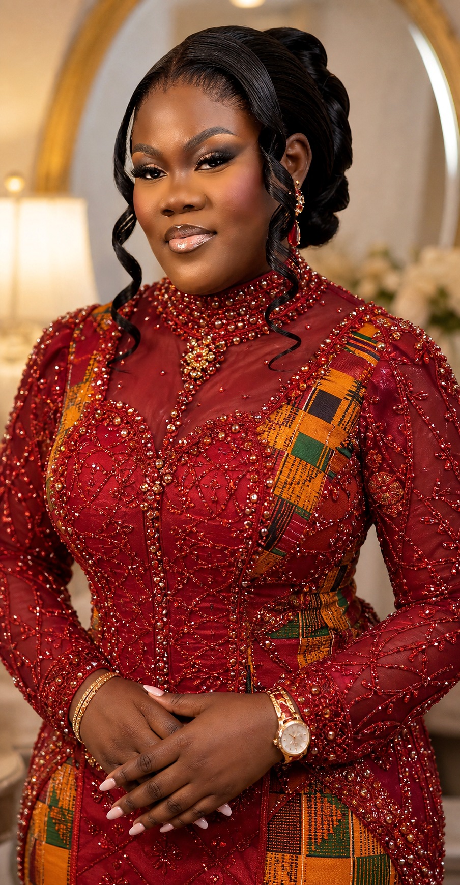 Bride in red traditional wedding attire with luxury makeup and hair