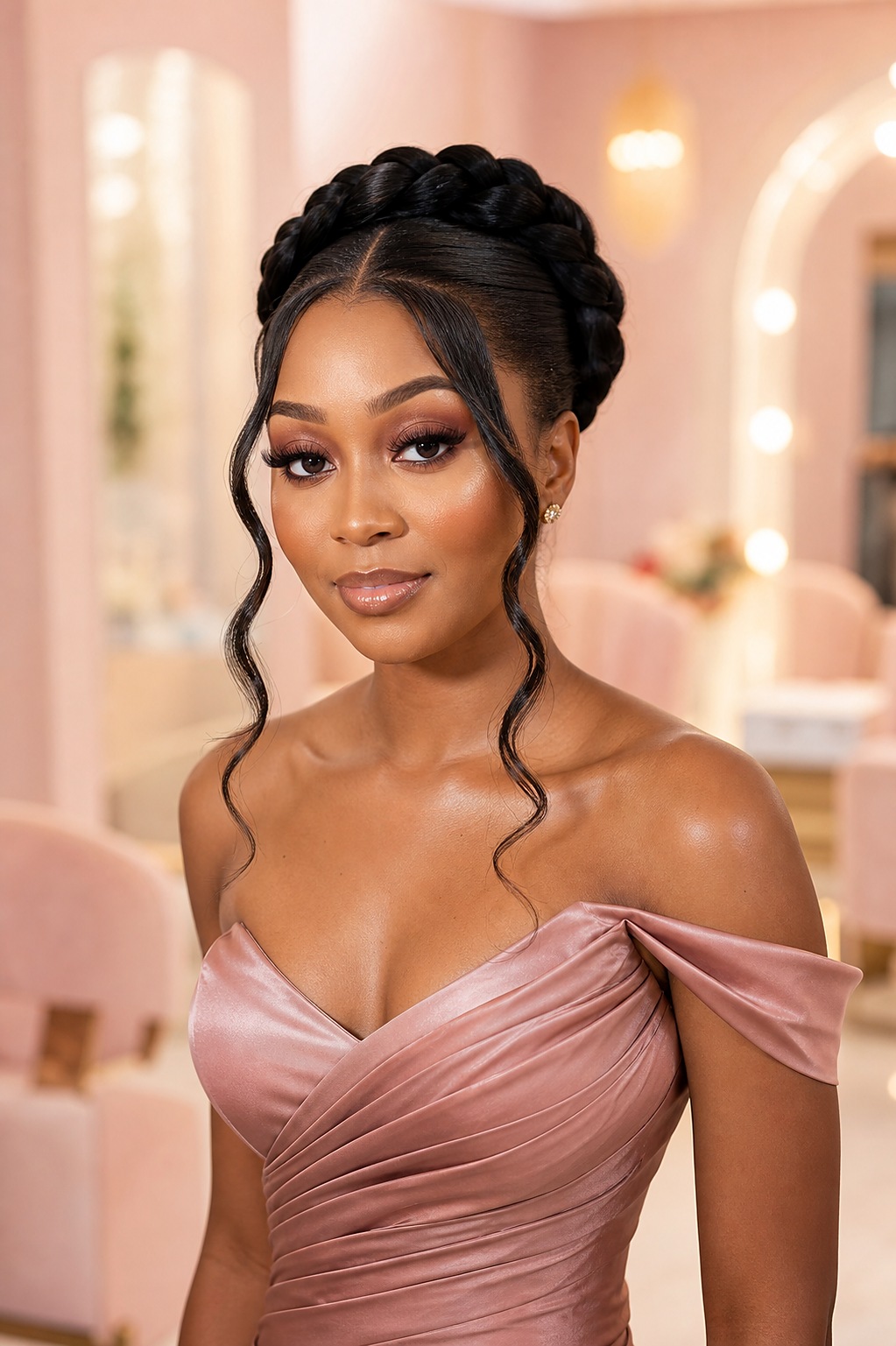 Bridesmaid with a braided halo updo and radiant rose makeup