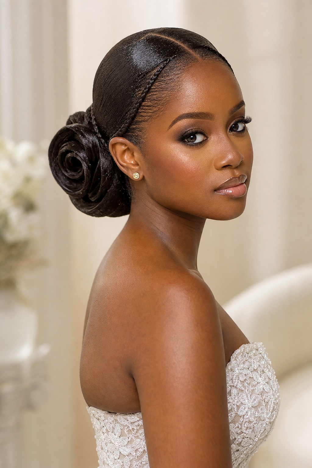 Sculptural sleek bridal bun photographed from the back