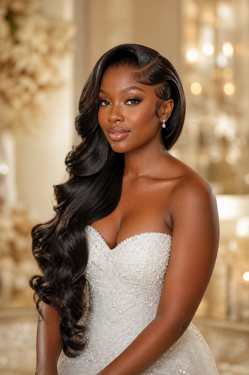 Iconic long bridal hair with sculpted finger-wave detail and luminous makeup