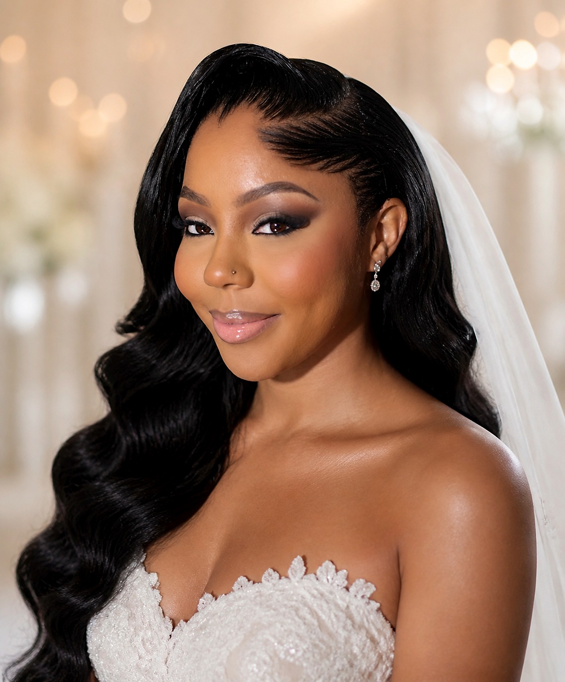 Radiant white wedding bridal makeup with sculpted eyes and luminous skin