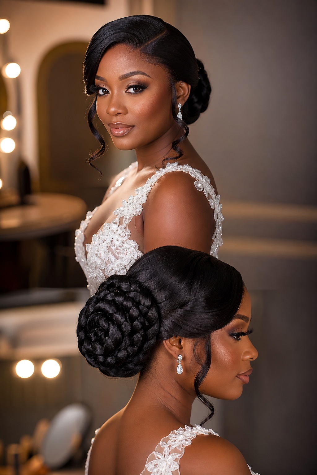 Intricate braided bridal bun with sleek finish